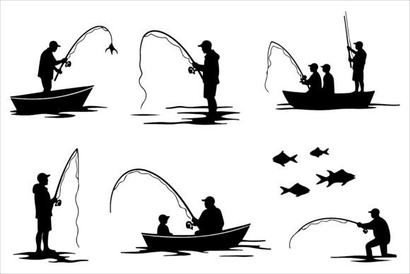 Fisherman on Boat Silhouette Set