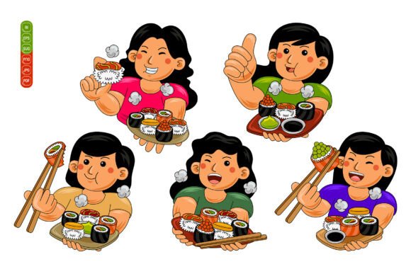 Woman Eating Sushi Vector Pack 02