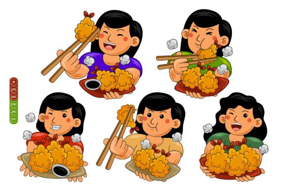 Woman Eating Tempura Vector Pack 02